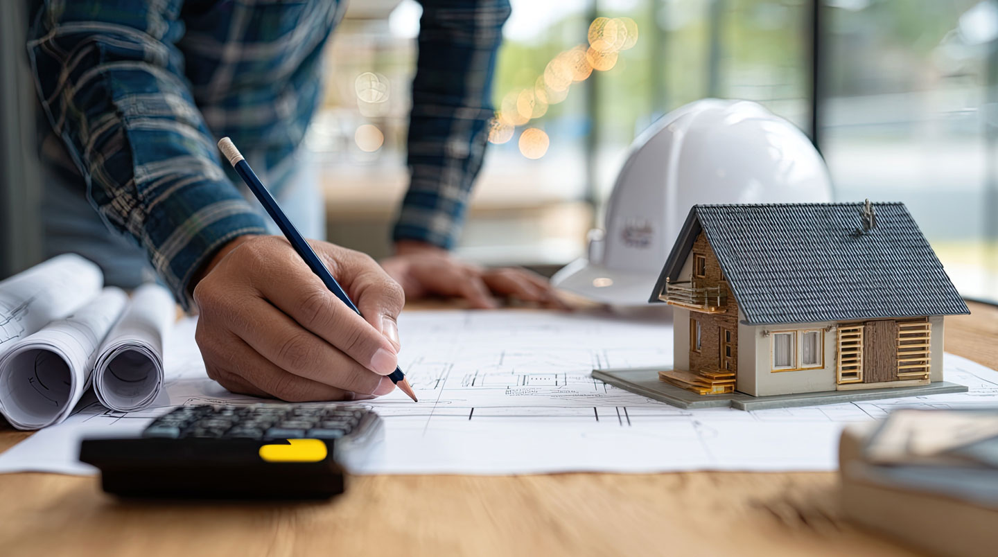 Illustration isométrique 3D d'un devis d'architecte représenté en coupe, révélant les différentes strates tarifaires : honoraires, débours, TVA et missions optionnelles, avec étiquettes en français