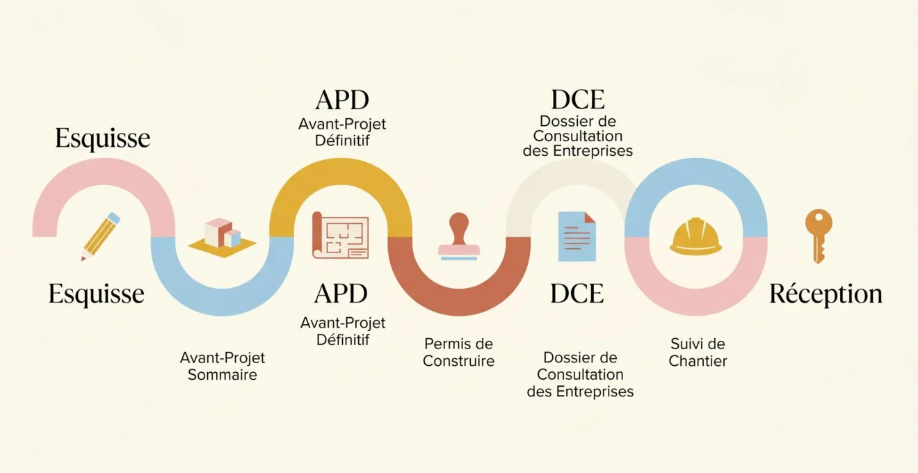 Timeline flat design illustrant les 7 phases d'une mission architecte de l'esquisse à la réception, avec icônes géométriques pastels et labels en français